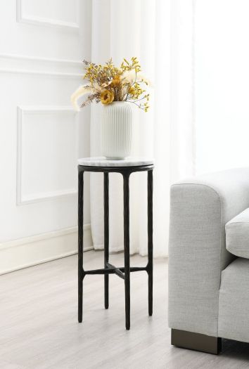 Round Silver Accent Table with Marble Top