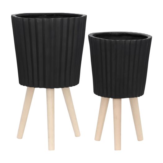 S/2 10/12 RIDGED PLANTER W/ WOOD LEGS, BLACK (KD)