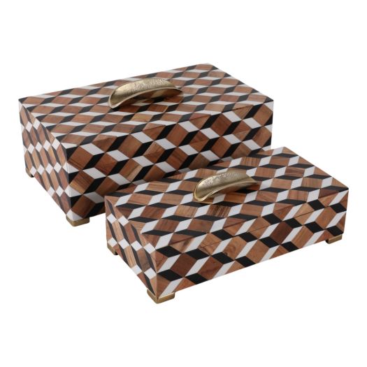 S/2 12/14 Geo Print Footed Boxes, Black/brown