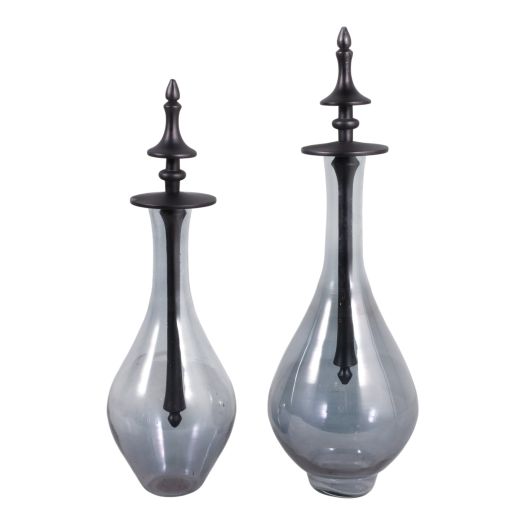 S/2 16"/18" WAVERLY GLASS BOTTLES W/METAL STOPPERS