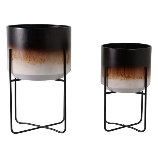 S/2 19/23 Ombre Metal Planters On Stands, Brown K