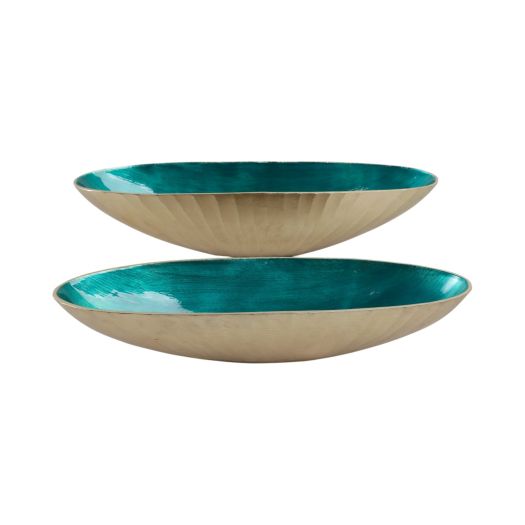 S/2 20/23 Oval Metal Bowl W/ Enamel, Blue/gold