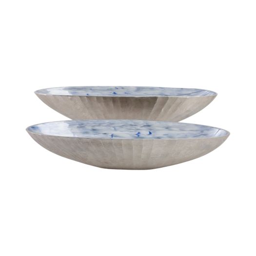 S/2 20/23 Oval Metal Bowl W/ Enamel,light Blu/sil