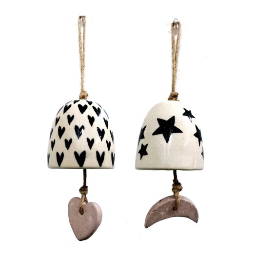 S/2 3 Ceramic Hand Painted Bells, White/black