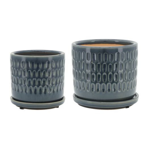 S/2 5/6 HAMMERED PLANTERS W/ SAUCER, BLUE
