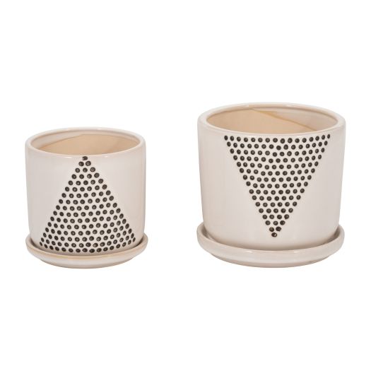 S/2 5/6 TRIANGLE DOTS PLANTER W/ SAUCER, WHITE