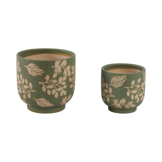 S/2 6/8 Hand Painted Leaves Planters, Green/tan