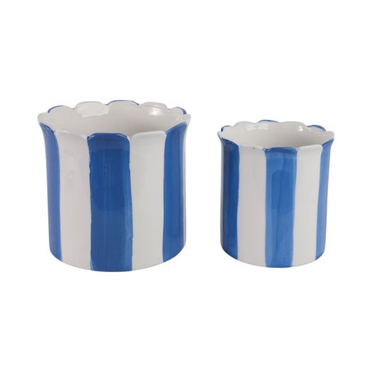 S/2 6/8 Striped Scallop Edge Planters, White/blue