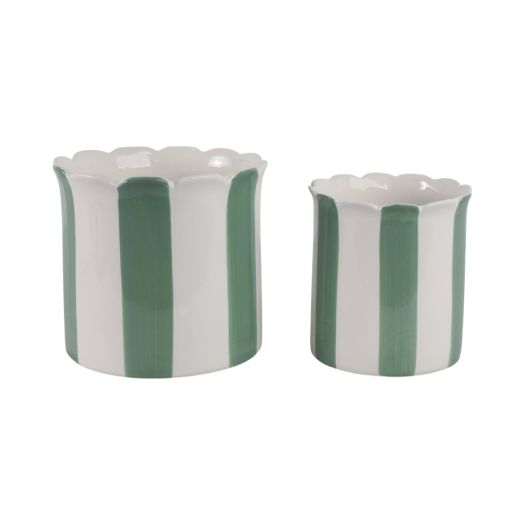 S/2 6/8 Striped Scallop Edge Planters, White/gn