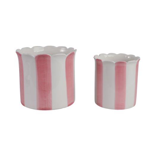 S/2 6/8 Striped Scallop Edge Planters, White/pink