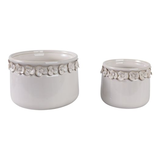 S/2 7/10 Floral Applique Planter, Ivory