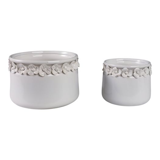 S/2 7/10 FLORAL APPLIQUE PLANTER, WHITE