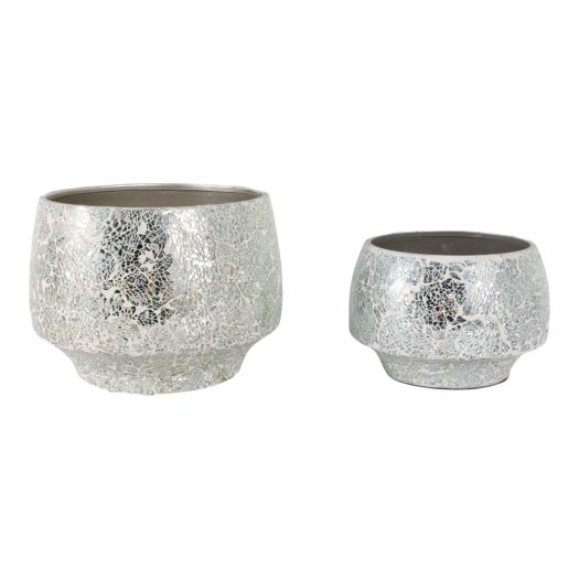 S/2 9/11 Curved Crackle Mosaic Planter, Silver