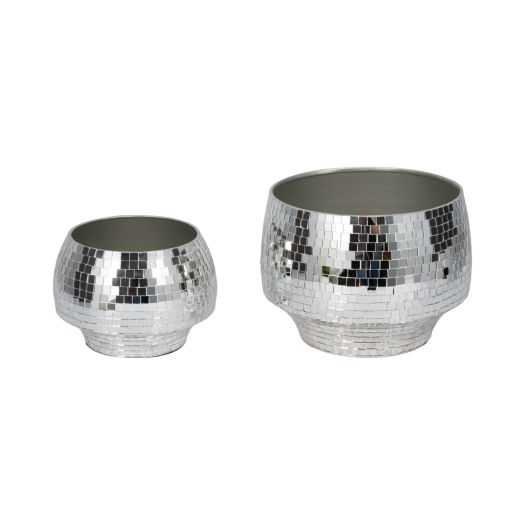 S/2 9/11 Curved Disco Mosaic Planter, Silver