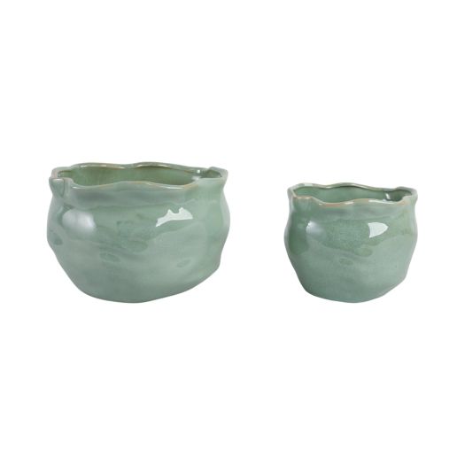 S/2 9/12 Round Wavy Edge Planters, Sage Green