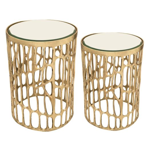 S/2 ALUMINUM 22/19 MIRROR TOP ACCENT TABLE, GOLD