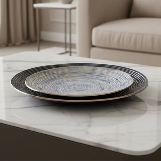 S/2 DECORATIVE METAL SWIRL TRAY, BLUE/MULTI