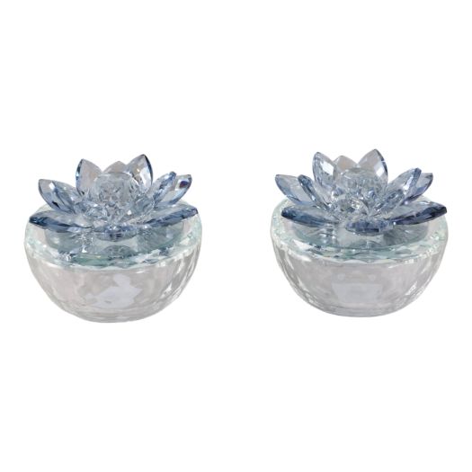 S/2 Glass Trinket Box Clear W/lt Blue Lotus Top
