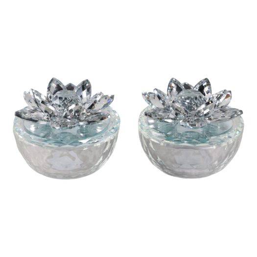S/2 Glass Trinket Box Clear W/silver Lotus Top