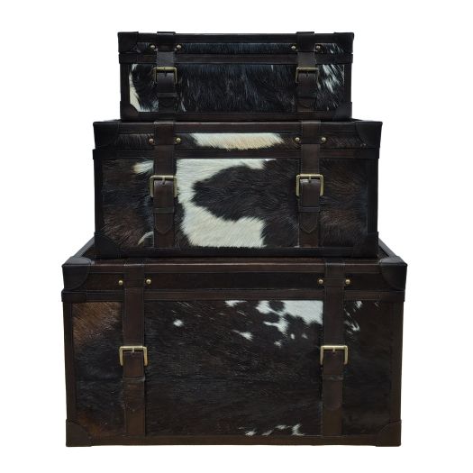 S/3 19/23/27 Hair On Hide Cow Print Trunks, Multi