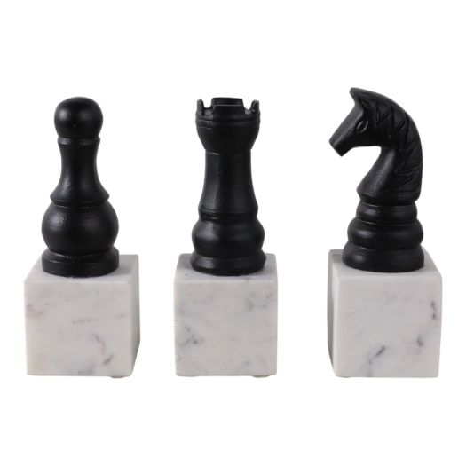 S/3 9 Chess Pieces On Marble Base, Black/ White