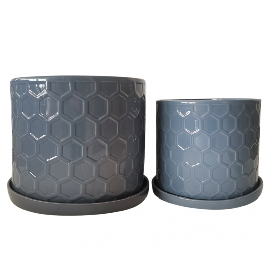 S/2 10/12" HONEYCOMB PLANTER W/ SAUCER, GRAY