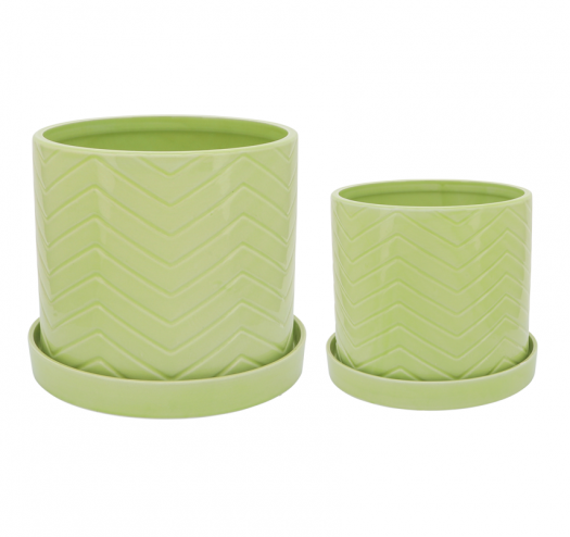 S/2 10/12" CHEVRON PLANTER W/ SAUCER, GREEN