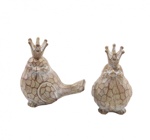 S/2 RESIN BIRDS W/CROWNS, BROWN