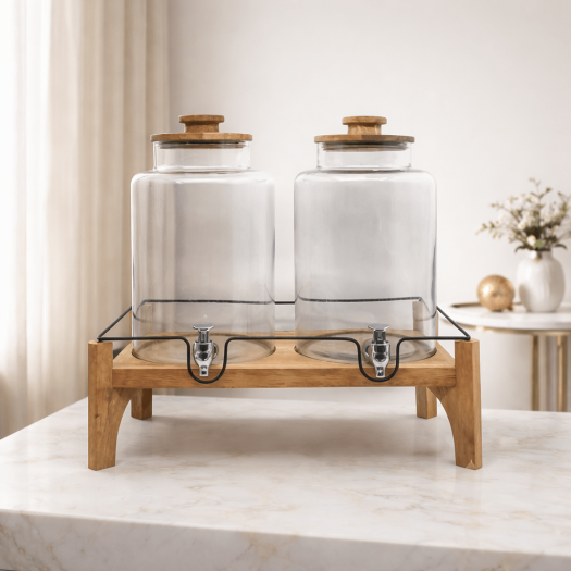 Set of 2 Glass Dispenser with Wooden stand .