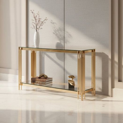 STAINLESS STEEL & GLASS CONSOLE TABLE, GOLD KD