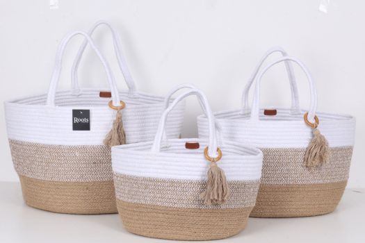 TRI CLR - CTN/JUTE SQR BASKET W/TASSEL O N HANDLE - S/3