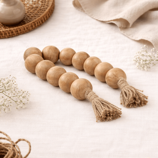 WOOD, 25 LARGE BEADED GARLAND W/ TASSEL, NATURAL