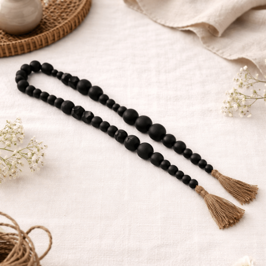 WOOD, 84"L HEX & ROUND BEAD GARLAND, BLACK